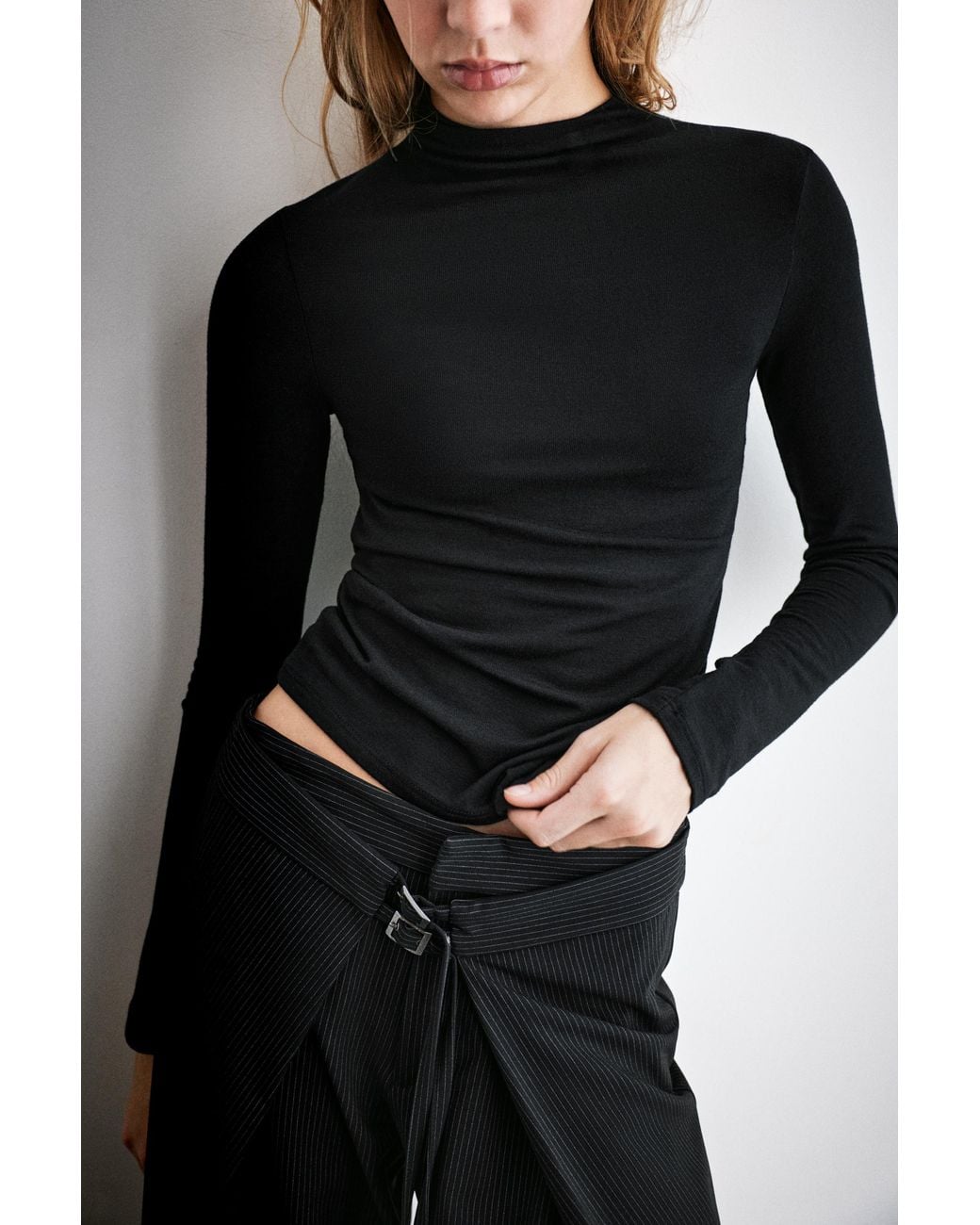Pull&Bear Black Basic-T-Shirt Mit Stehkragen