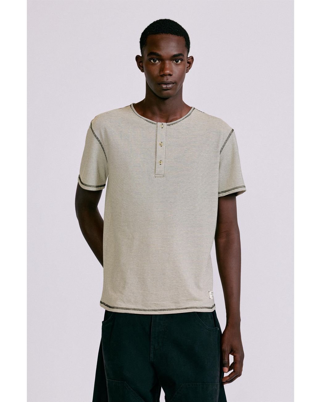 Pull&Bear Green Henley Neck T-Shirt for men