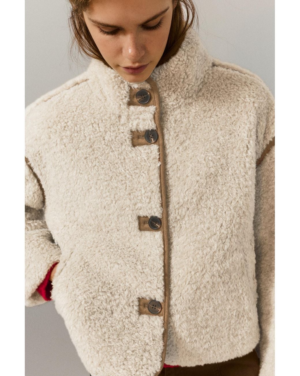 Pull&Bear Natural Faux Shearling Jacket With A High Neck