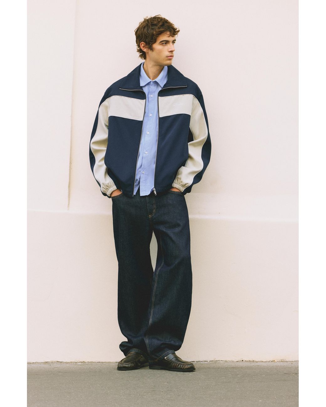 Pull&Bear Blue Zip-Up Panelled Jacket for men