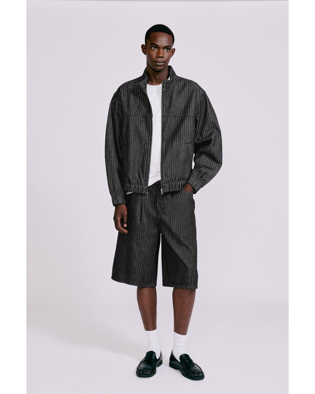 Pull&Bear Gray Pinstripe Skater Denim Bermuda Shorts for men