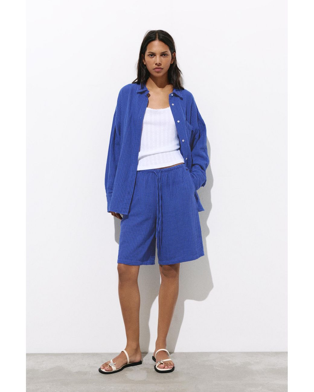 Pull&Bear Blauwe Rustieke Bermuda Met Strepen in het Blue
