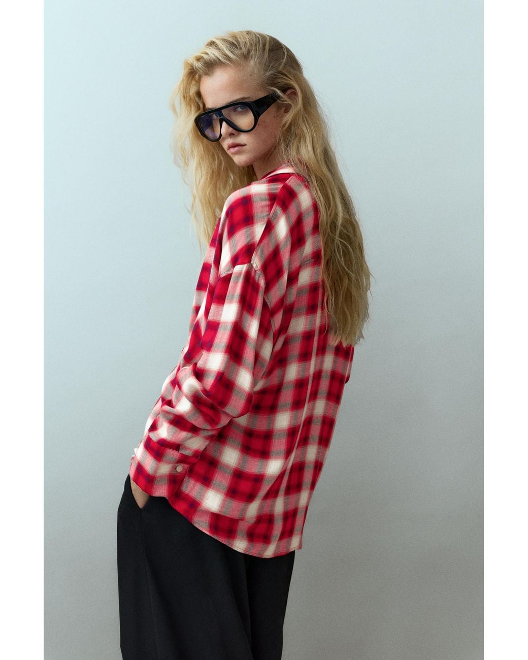 Pull&Bear Red Long Sleeve Check Shirt