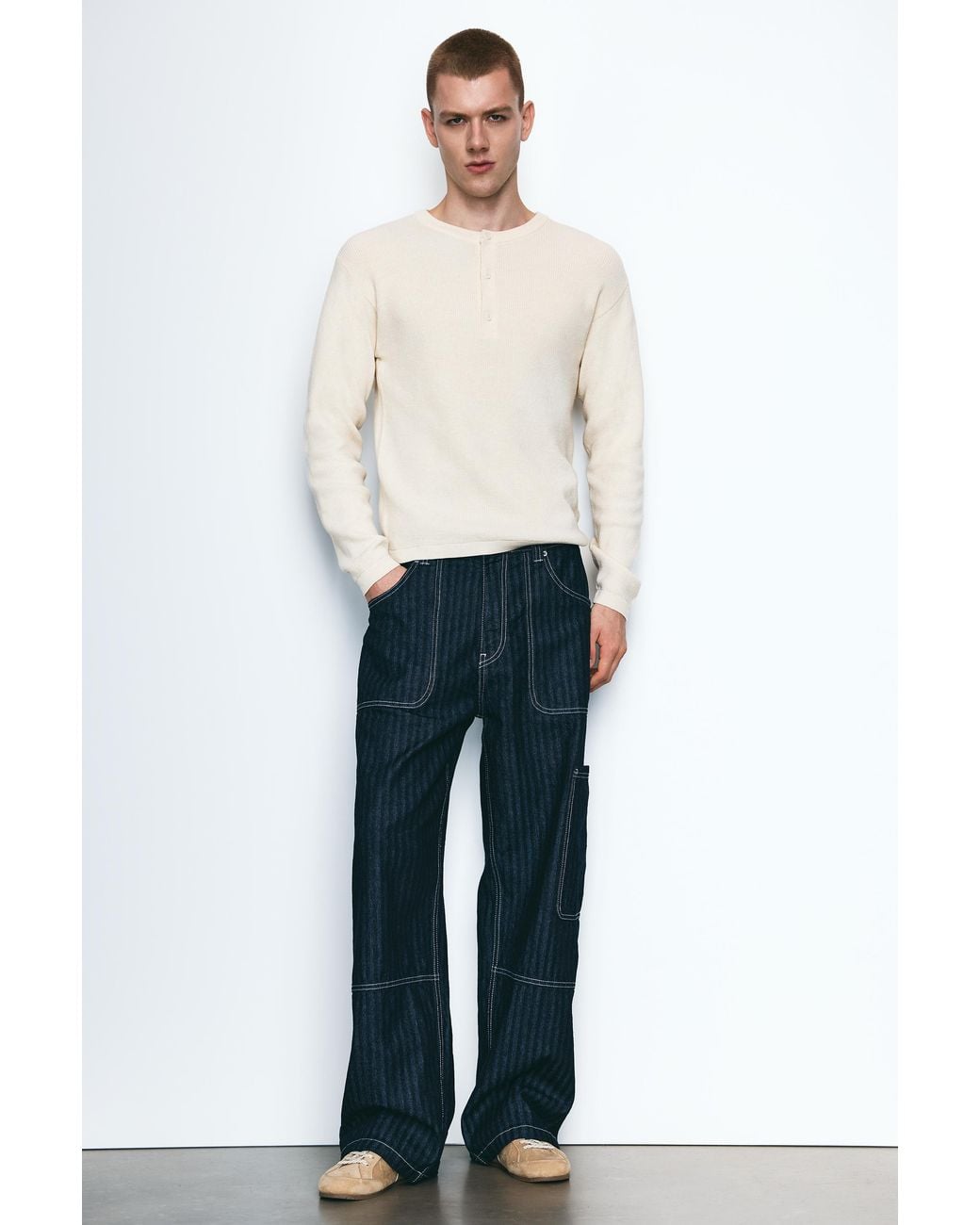 Pull&Bear Natural Henley Collar Jumper for men