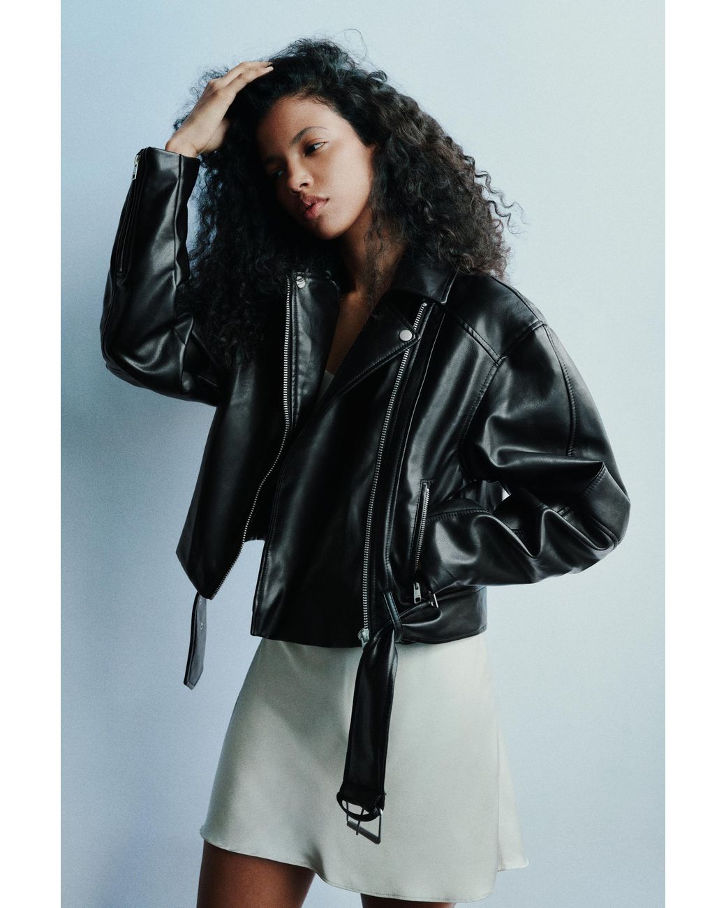 Pull&Bear Black Leather-Effect Biker Jacket