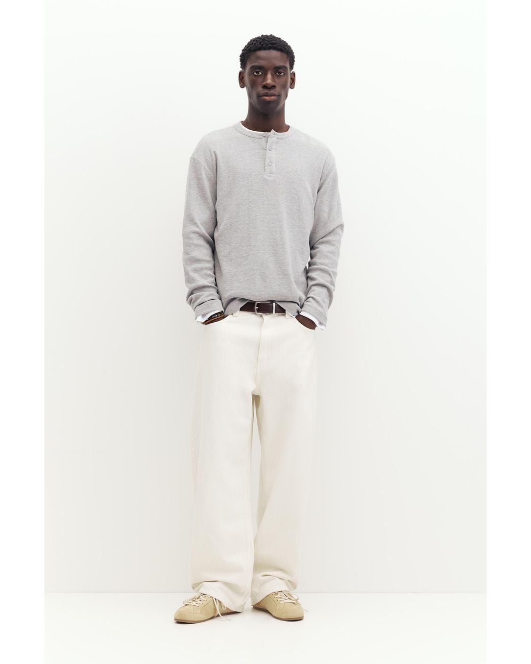 Pull&Bear Gray Long Sleeve Henley T-Shirt for men