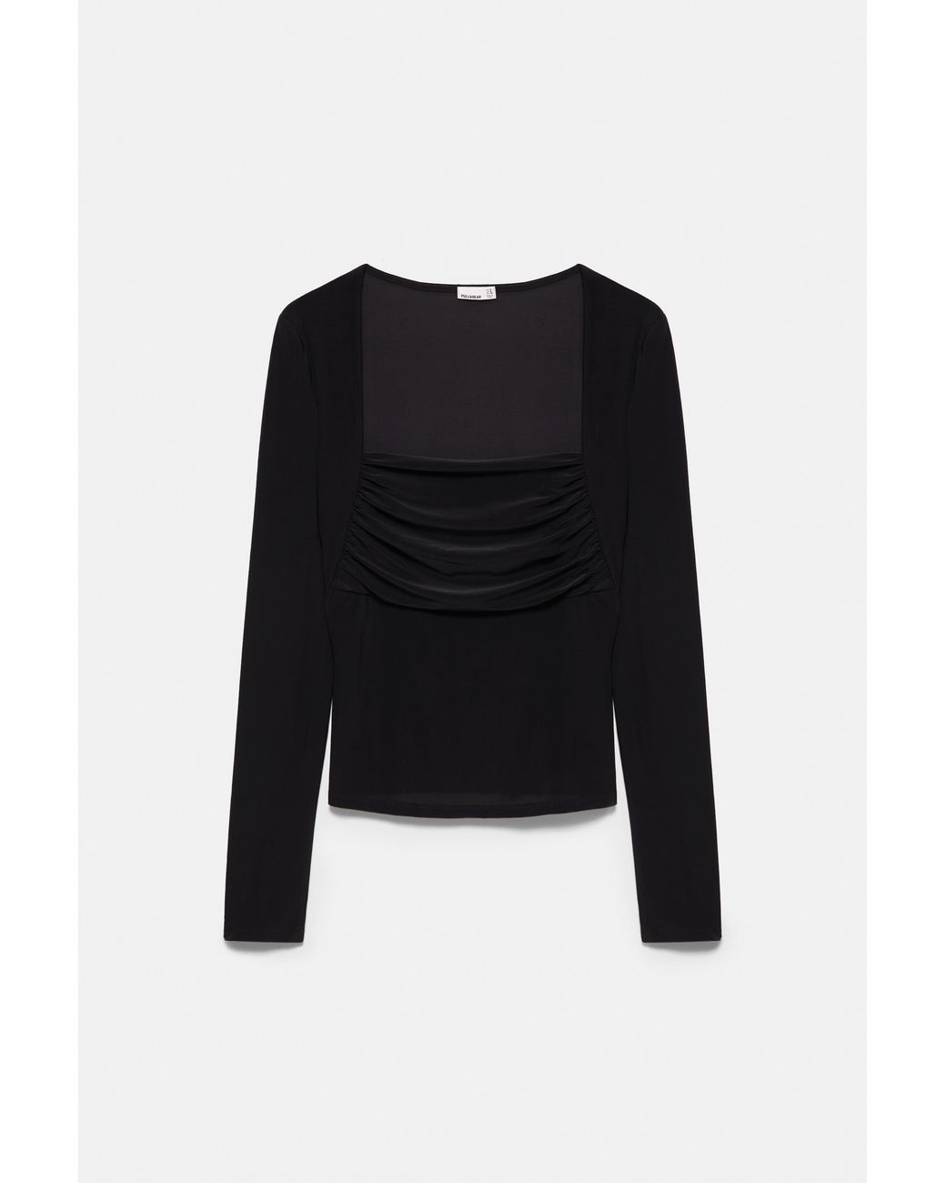 Pull&Bear Black Square Neckline Top With Gathered Detail