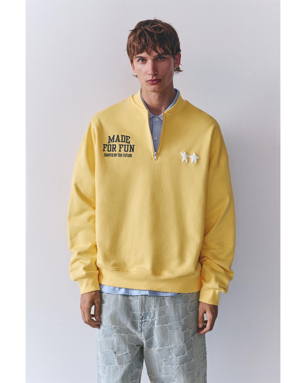 Pull&Bear Yellow Quarter-Zip Sweatshirt With Star Graphic for men