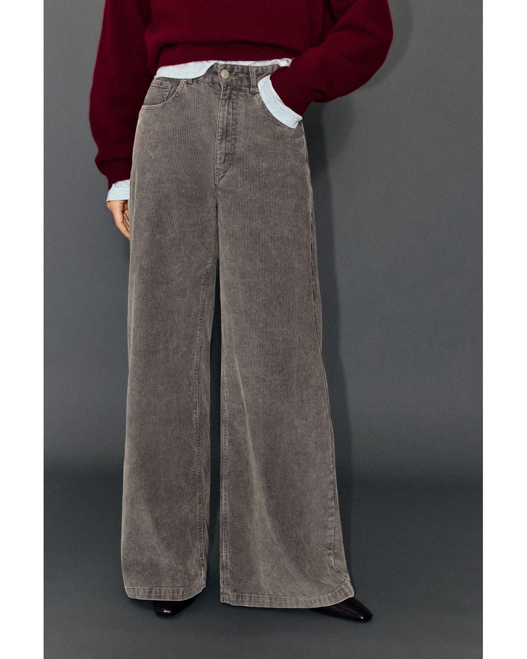 Pull&Bear Gray Corduroy Wide-Leg Jeans