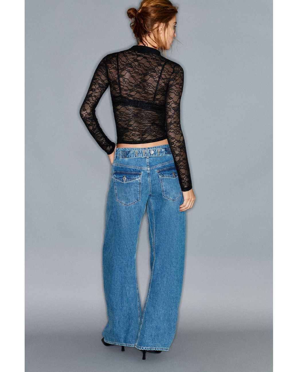 Pull&Bear Gray Lace Stand-Collar Top With Fireman Clasps