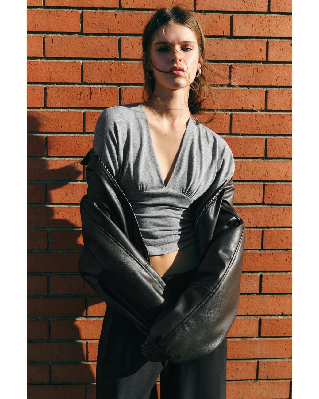 Pull&Bear Brown Gathered V-Neck Top