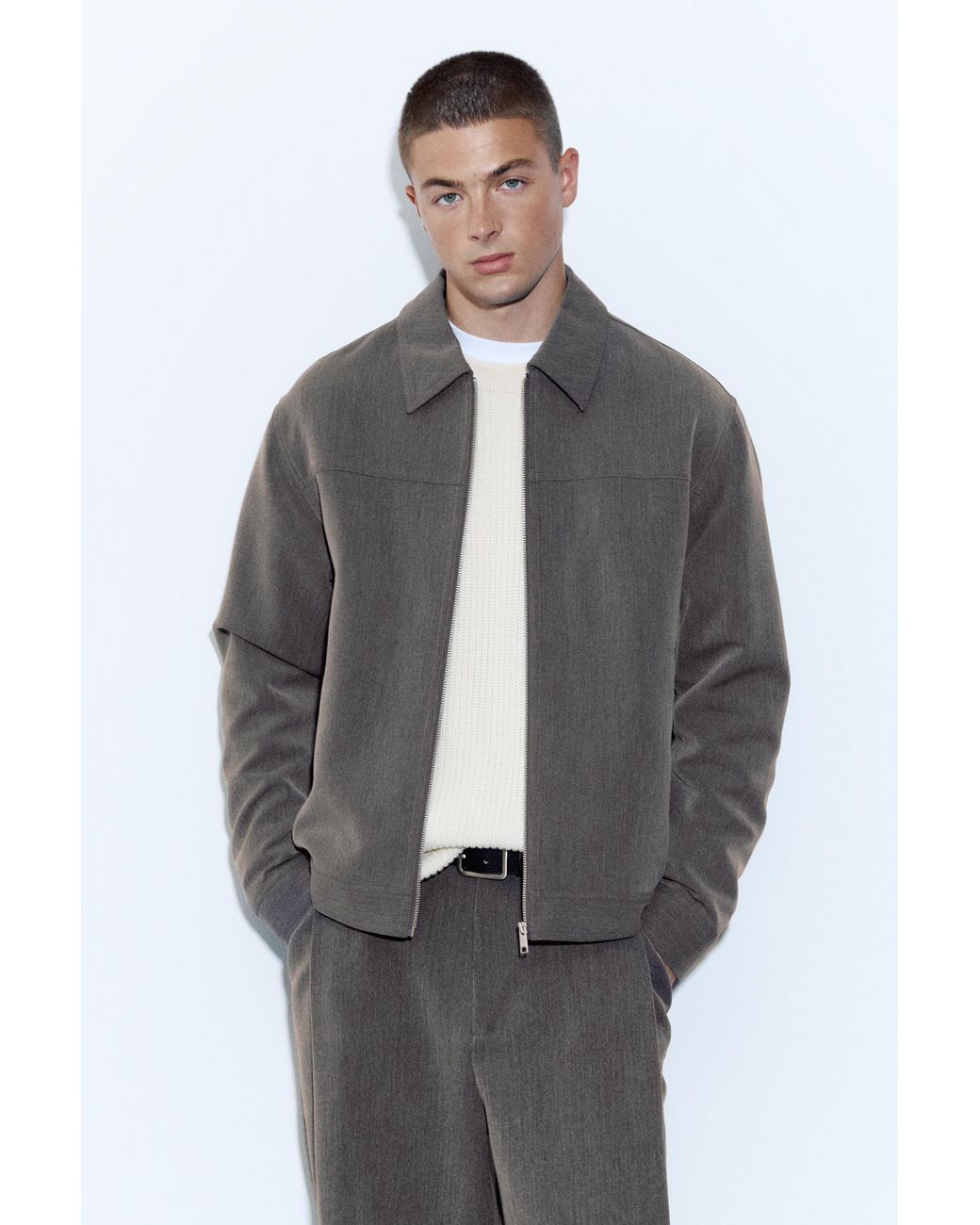 Pull&Bear Gray Tailored Fit Jacket With Zip for men