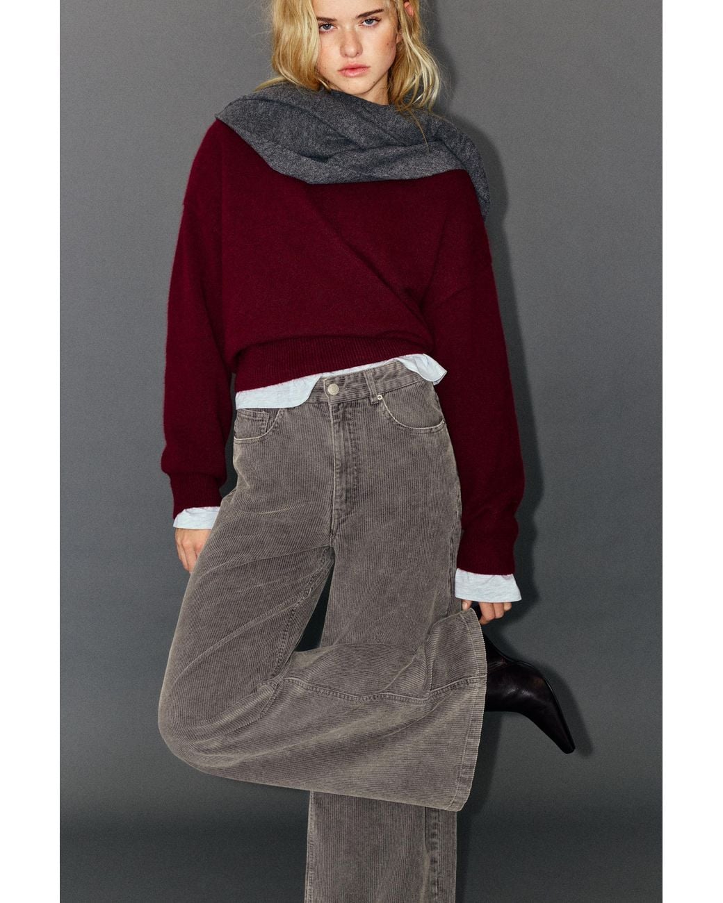Pull&Bear Gray Corduroy Wide-Leg Jeans