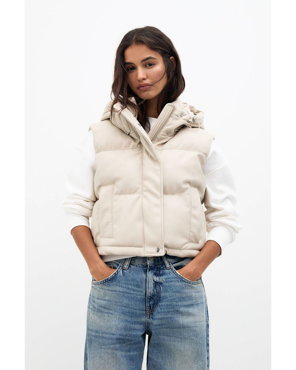 Pull&Bear Faux Leather Puffer Vest in Natural Lyst UK