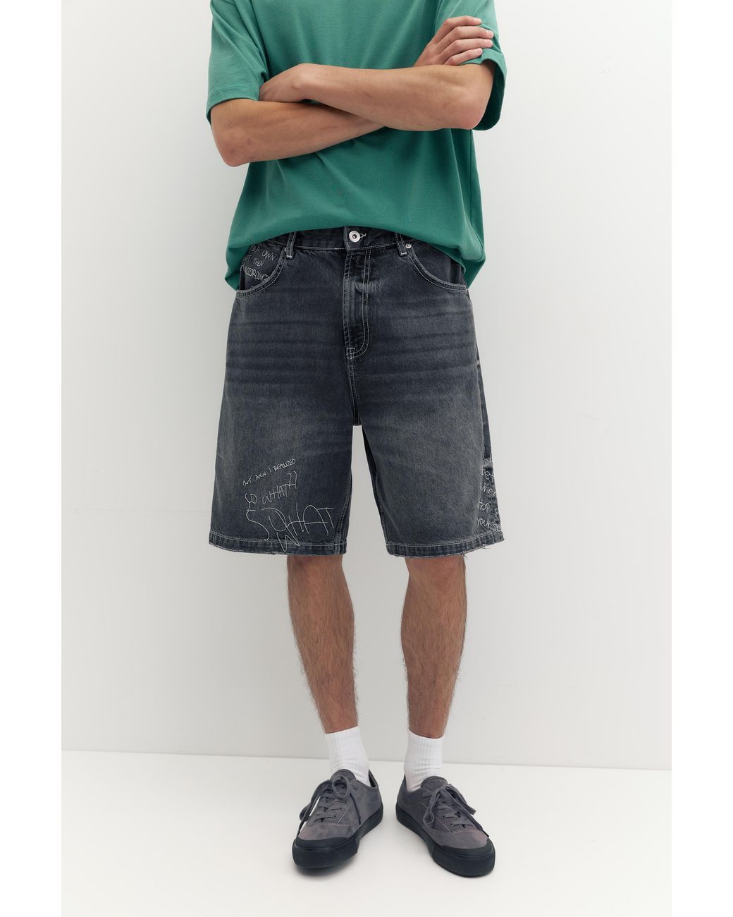 Pull&Bear Green Embroidered Baggy Denim Bermuda Shorts for men