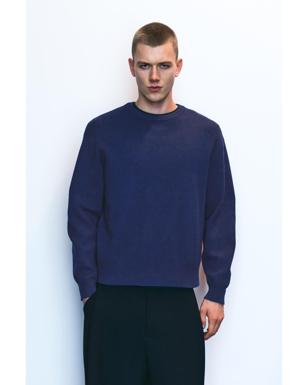 Pull&Bear Blue Soft Round Neck Jumper for men
