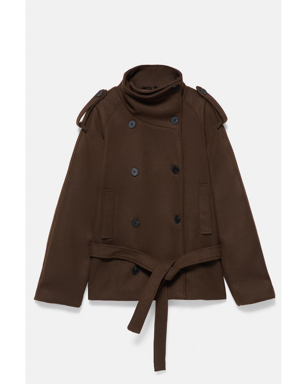 Pull&Bear Brown Short Felt Trench Coat With Belt