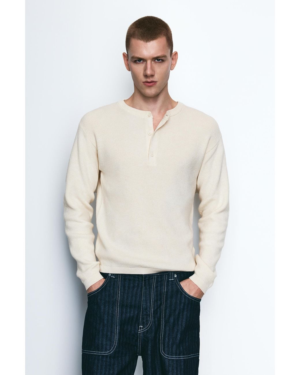 Pull&Bear Natural Henley Collar Jumper for men
