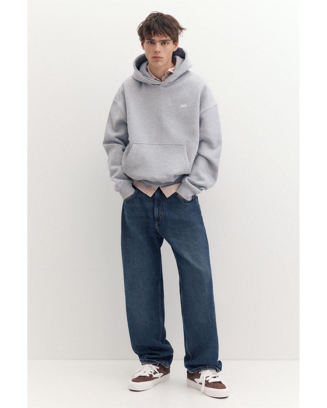 Pull&Bear Gray Stwd Logo Boxy Hoodie for men