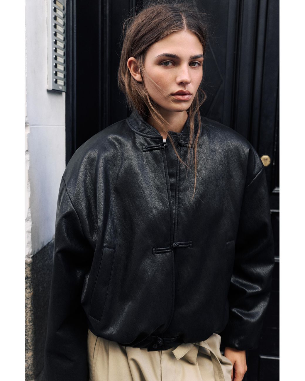 Pull&Bear Black Leather-Effect Bomber Jacket With Fireman Clasps