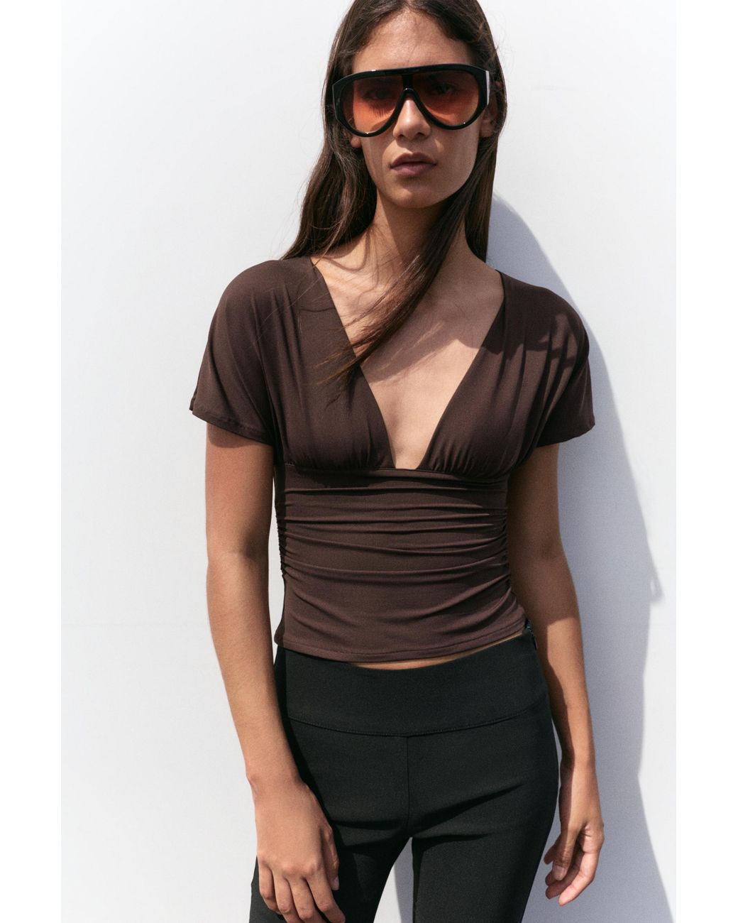 Pull&Bear Brown Gathered V-Neck Top
