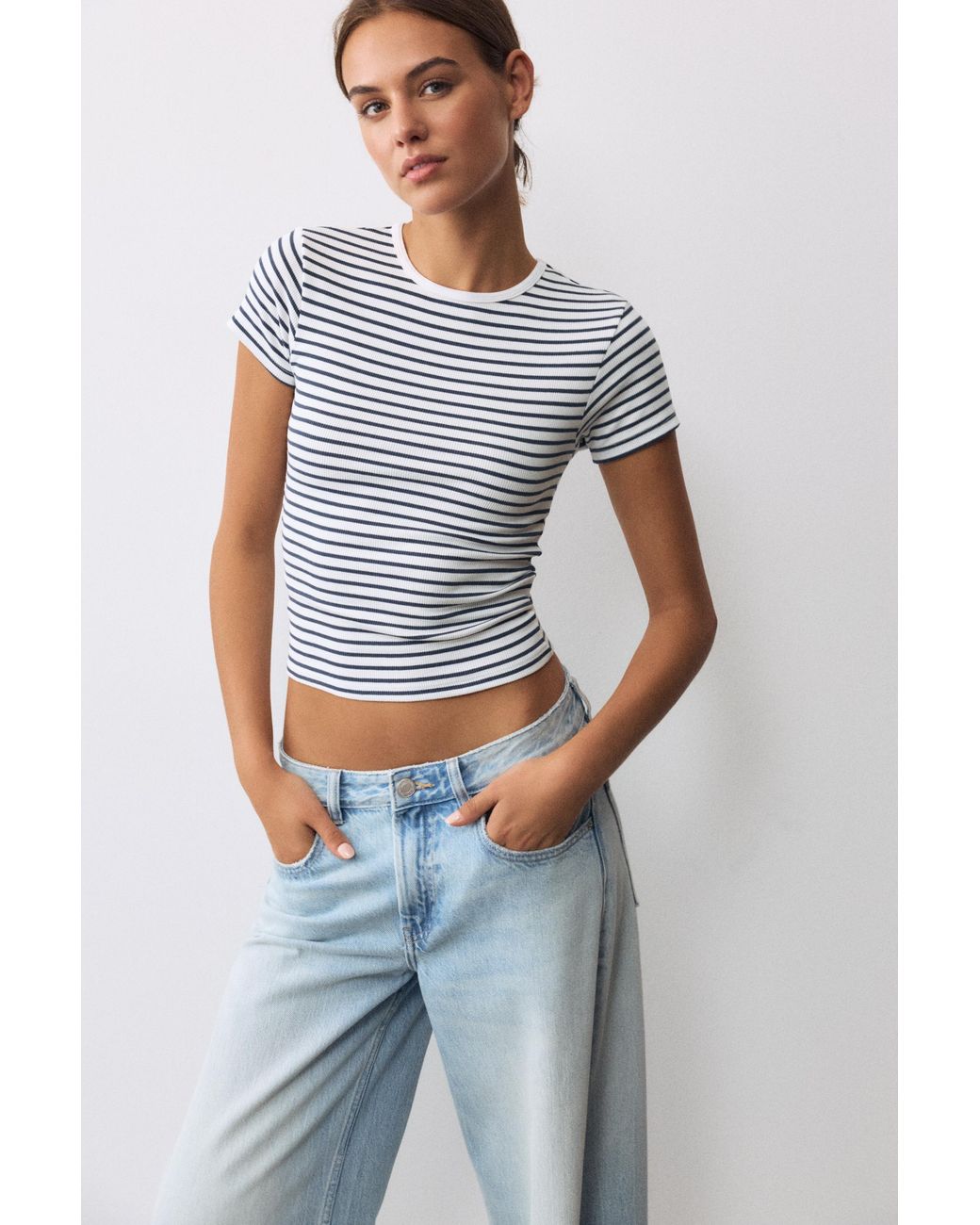 Pull&Bear Blue Ribbed Short Sleeve T-Shirt