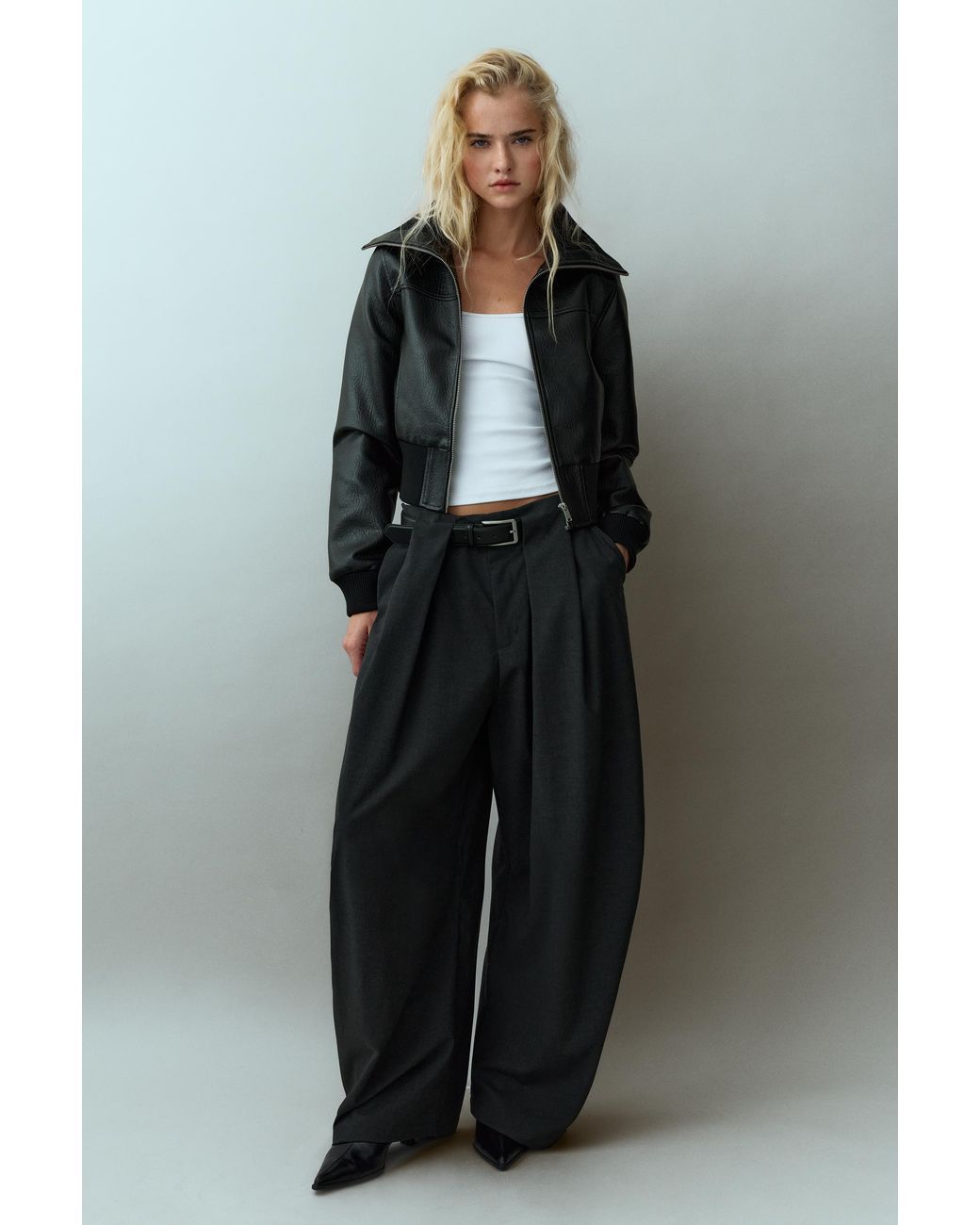 Pull&Bear Blue Leather-Effect Ribbed Jacket