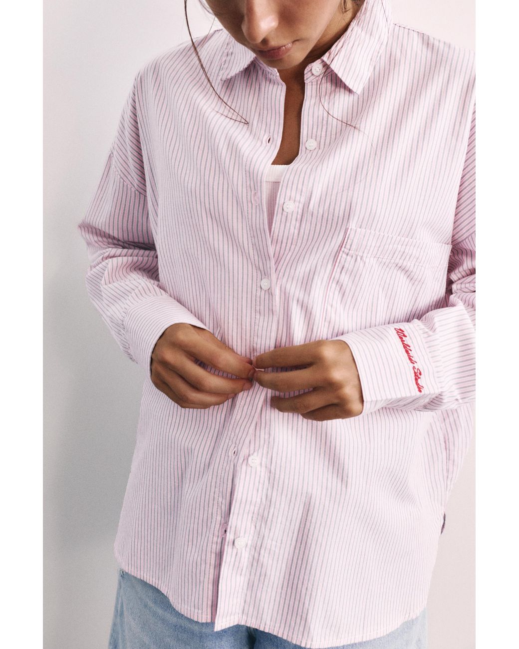 Pull&Bear Pink Embroidered Striped Shirt