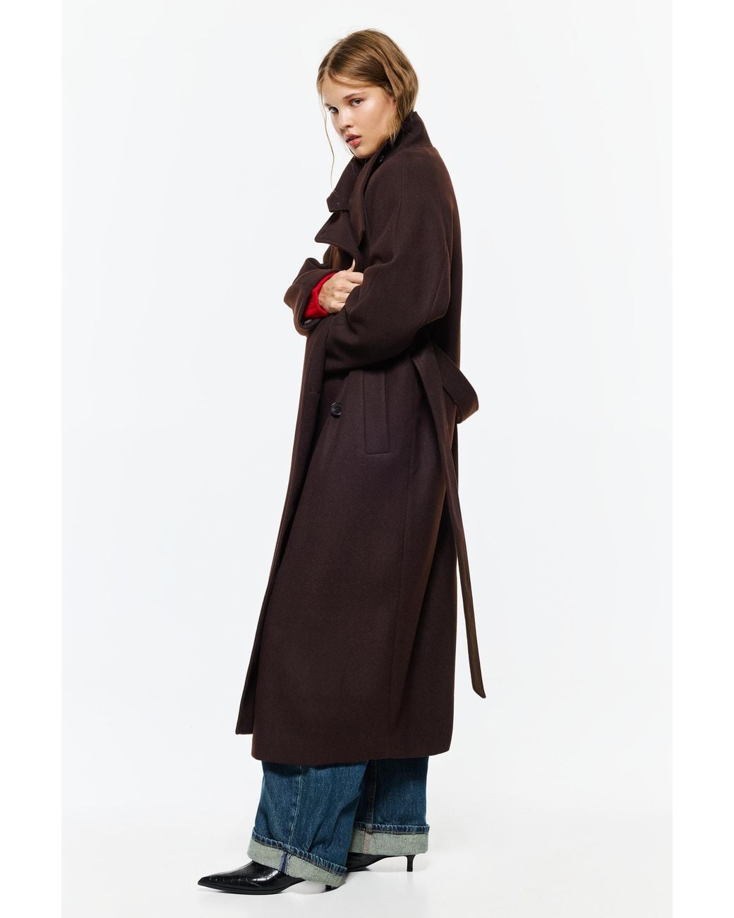 Pull&Bear Red High-Neck Belted Coat