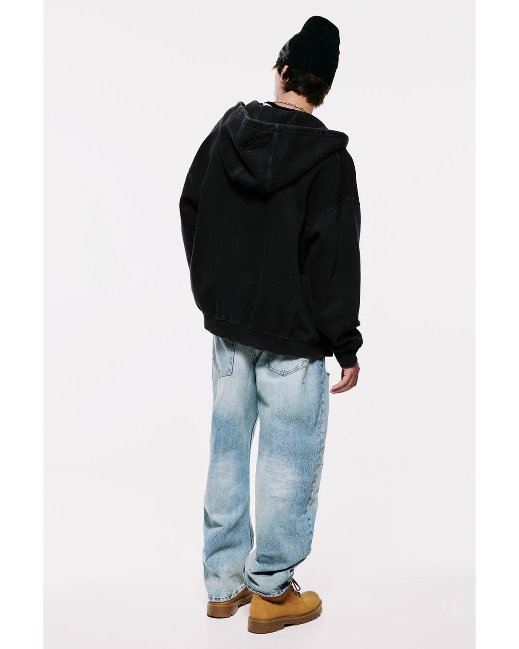 Pull&Bear Black Stwd Zip-Up Sweatshirt With Hood for men