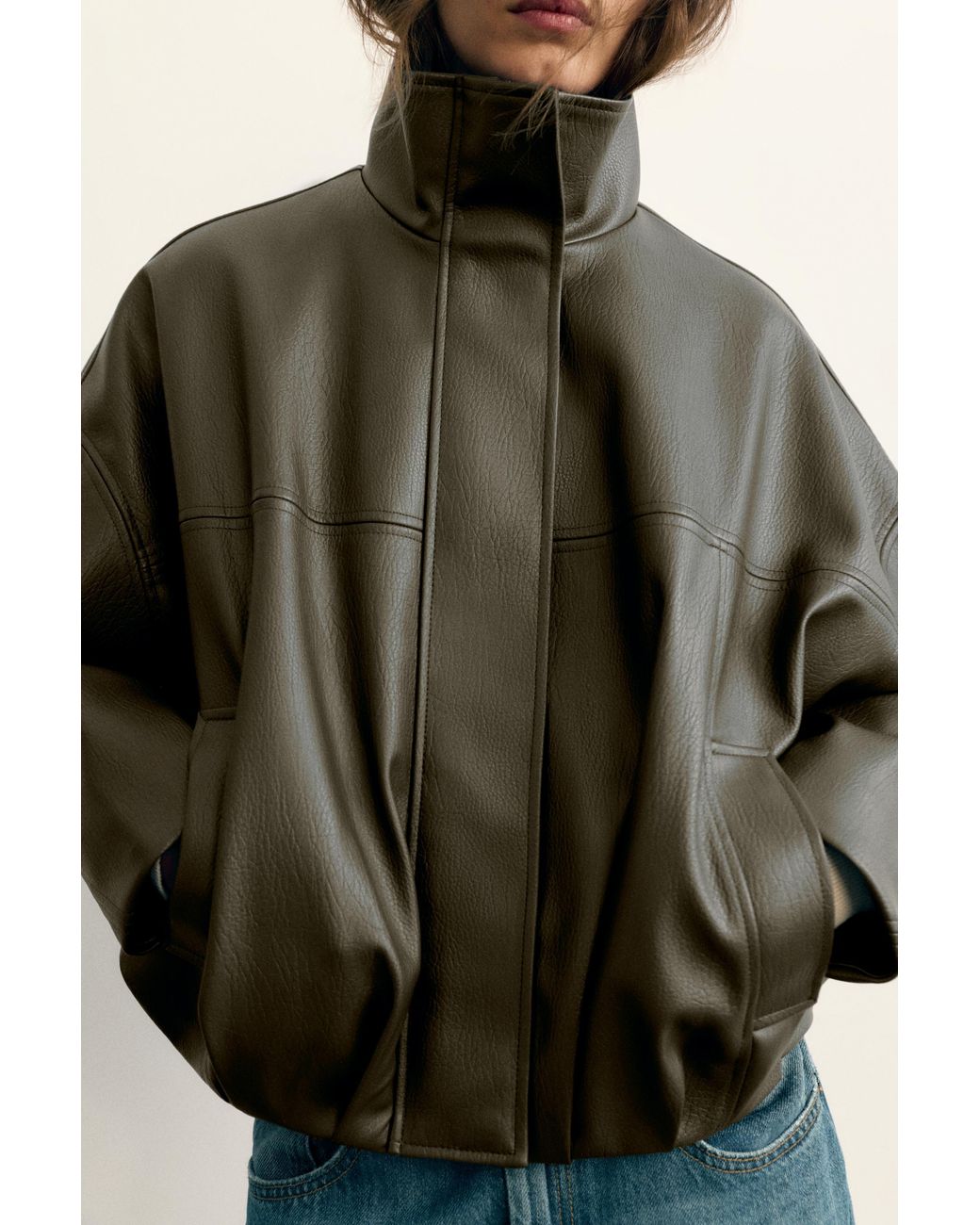 Pull&Bear Green Leather-Effect Balloon Bomber Jacket