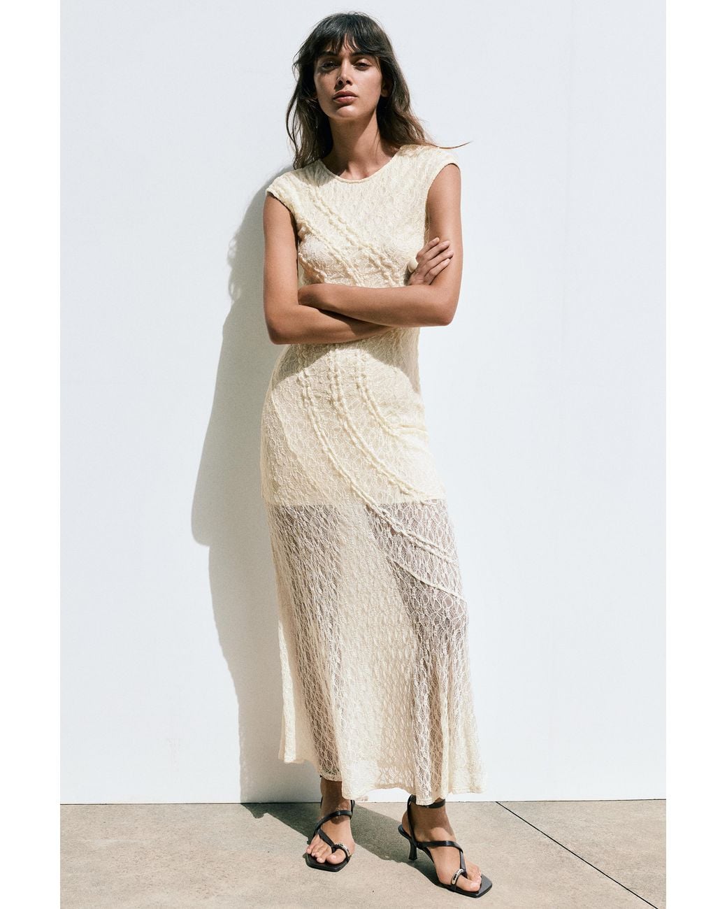 Pull&Bear Natural Fitted Lace Midi Dress