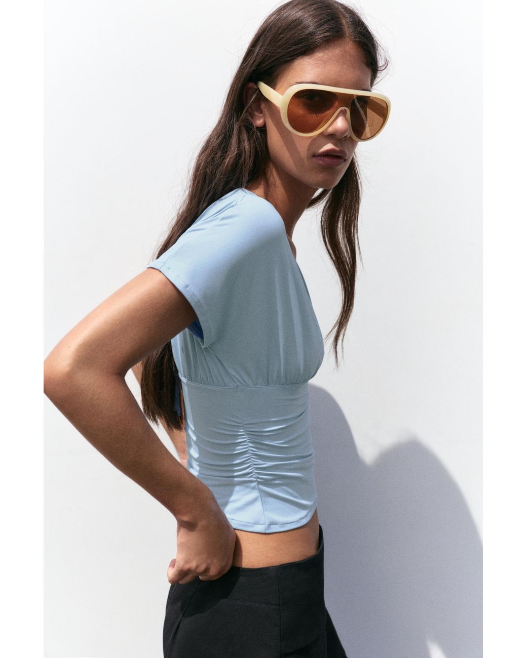 Top Froncé Col En V Pull&Bear en coloris Blue