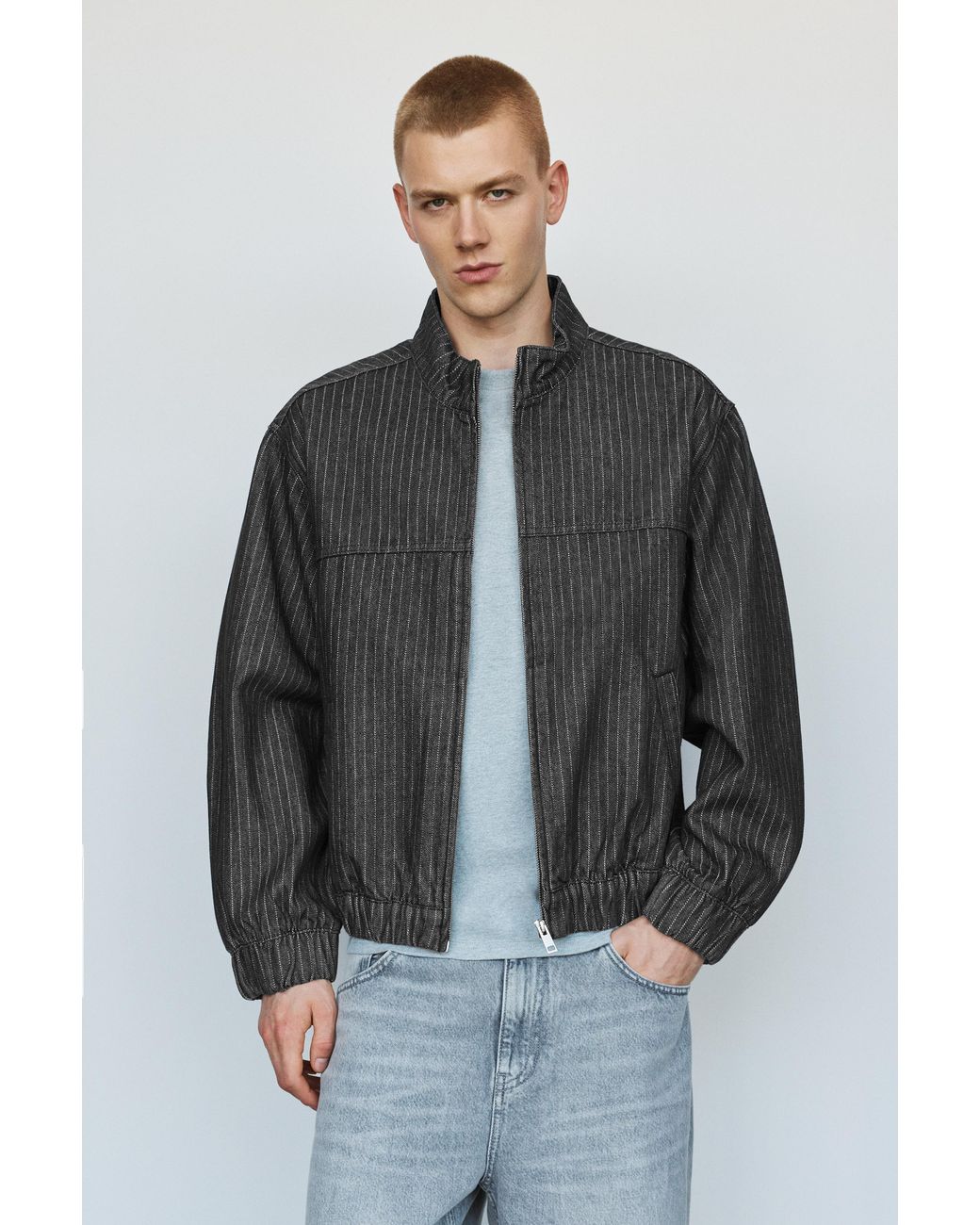 Pull&Bear Black Pinstripe Denim Jacket for men