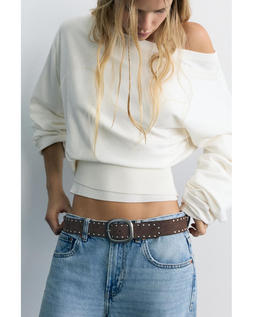 Pull&Bear White Faux Suede Studded Belt