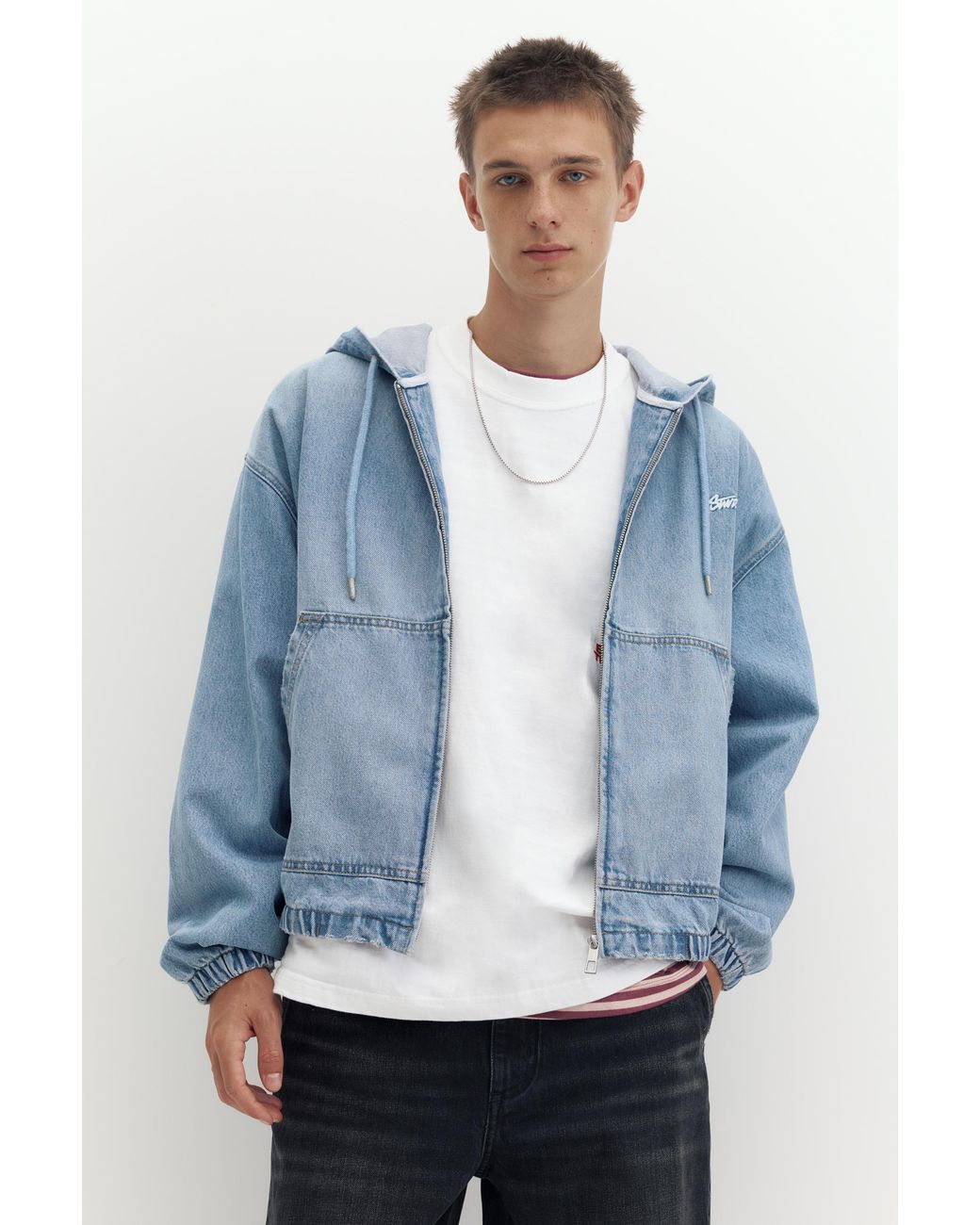 Pull&Bear Blue Stwd Hooded Zip-Up Denim Jacket for men