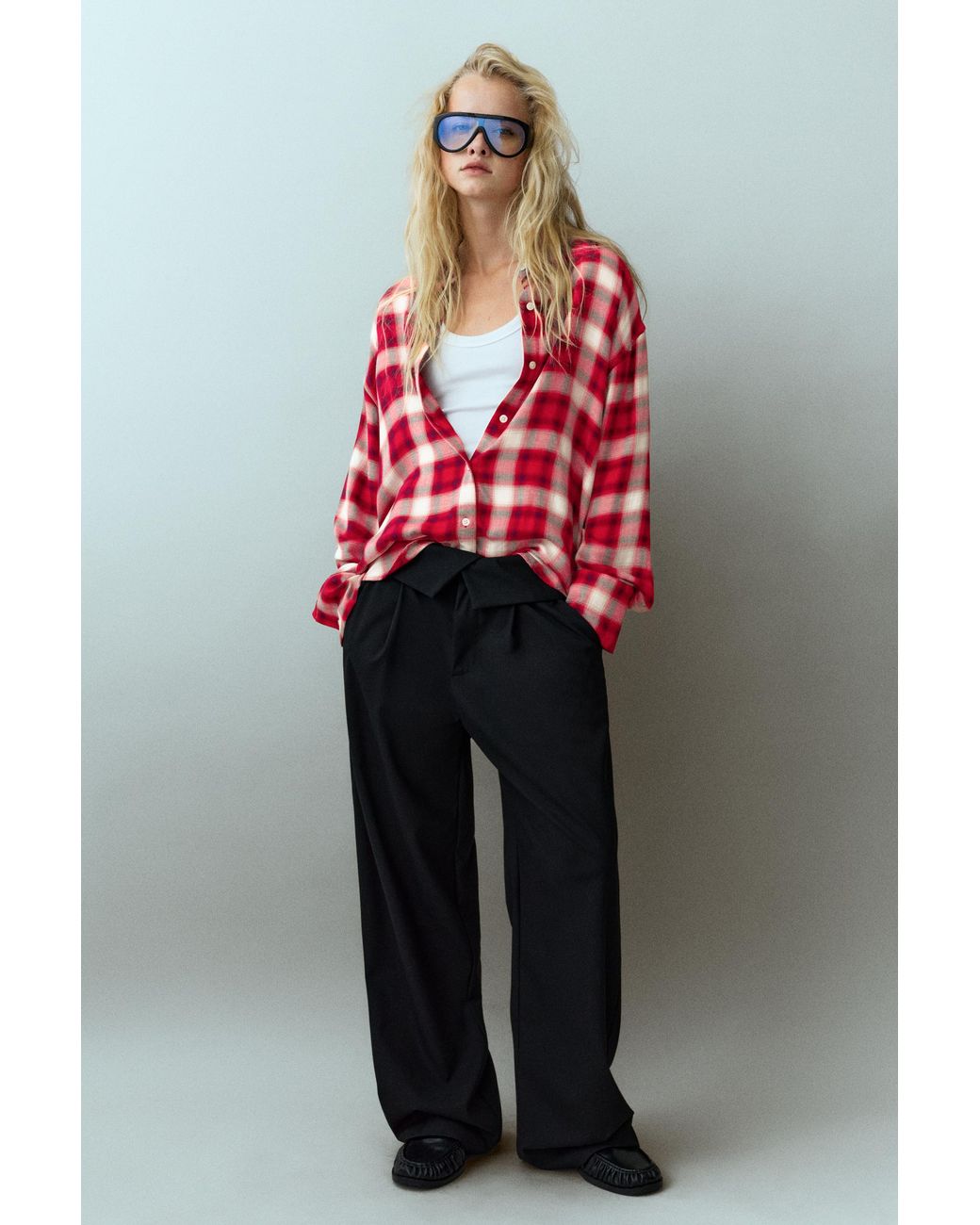 Pull&Bear Red Long Sleeve Check Shirt
