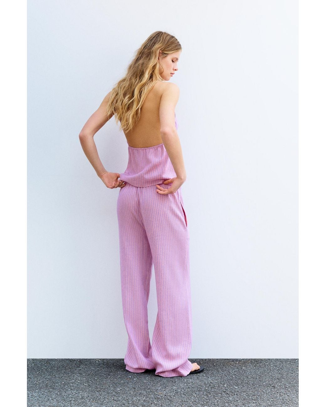 Pull&Bear White Striped Pyjama-Style Trousers With Linen