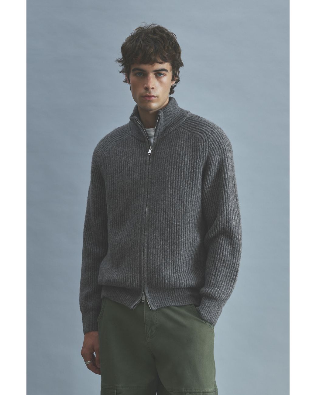 Pull&Bear Gray Ribbed Zip-Up Cardigan for men