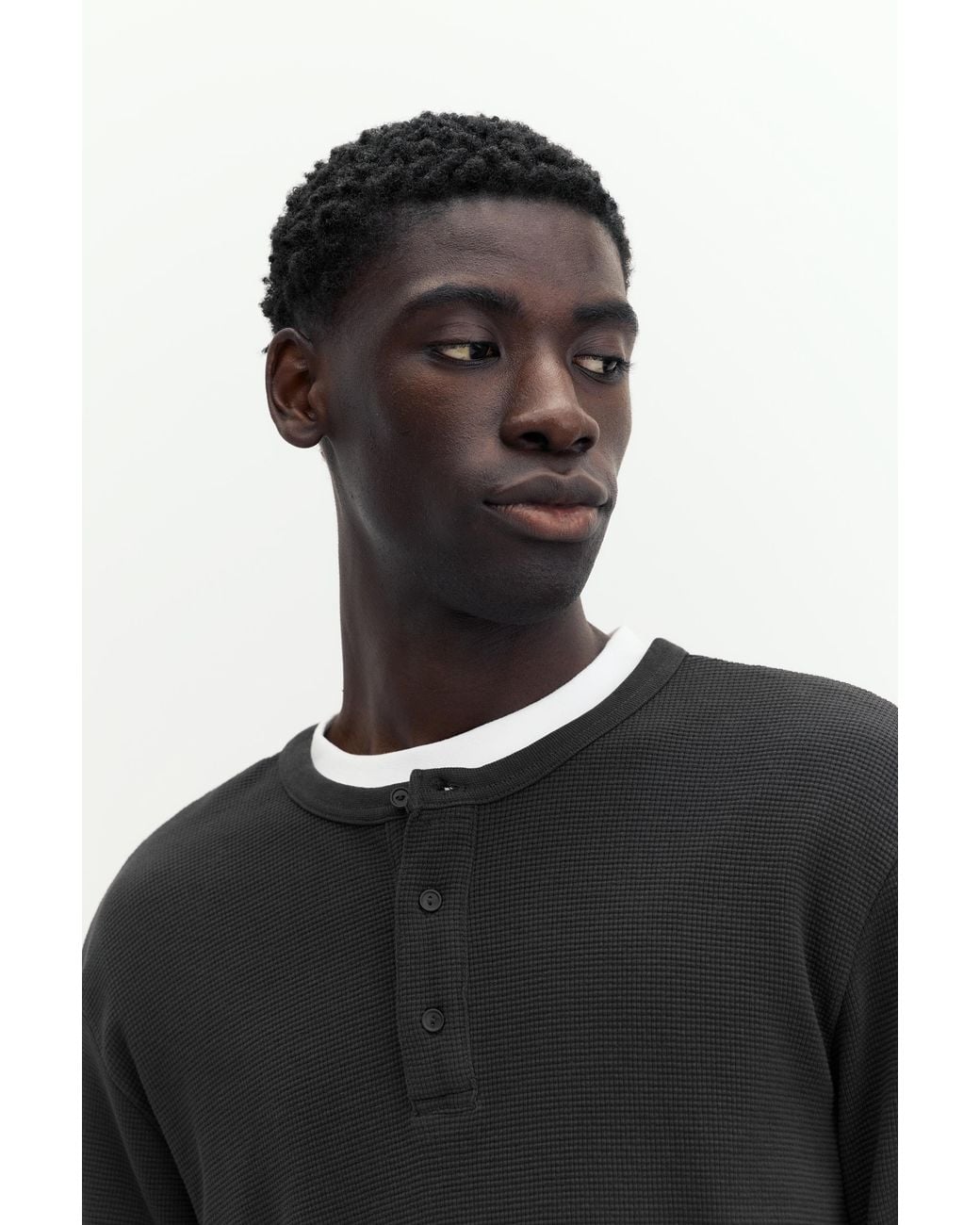 Pull&Bear Black Long Sleeve Henley T-Shirt for men