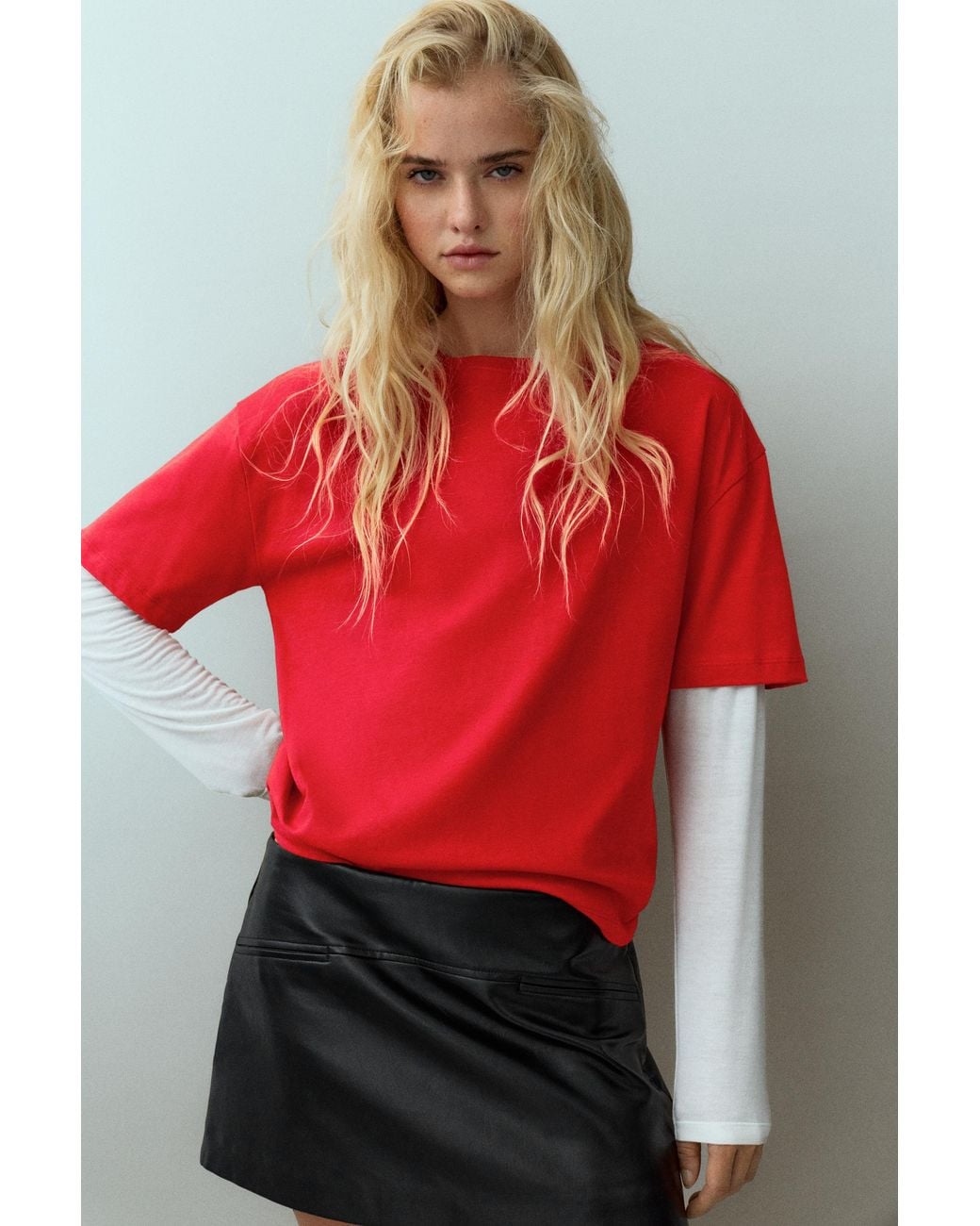 Pull&Bear Red Double-Sleeve T-Shirt