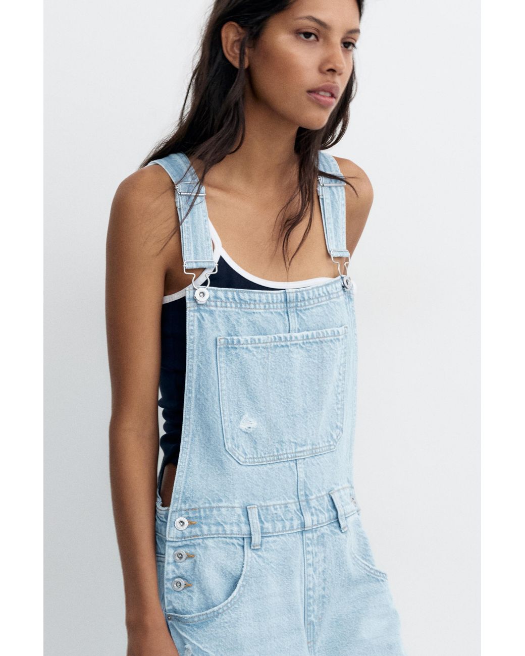 Pull&Bear Blue Long Denim Dungarees