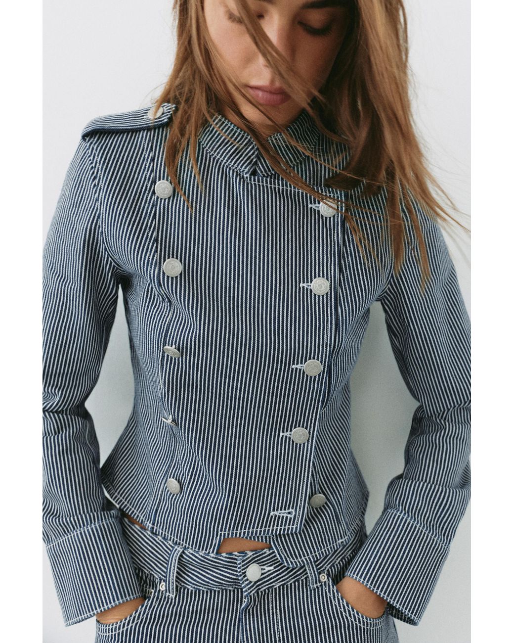 Pull&Bear Gestreept Denim Jack Met Knopen in het Gray