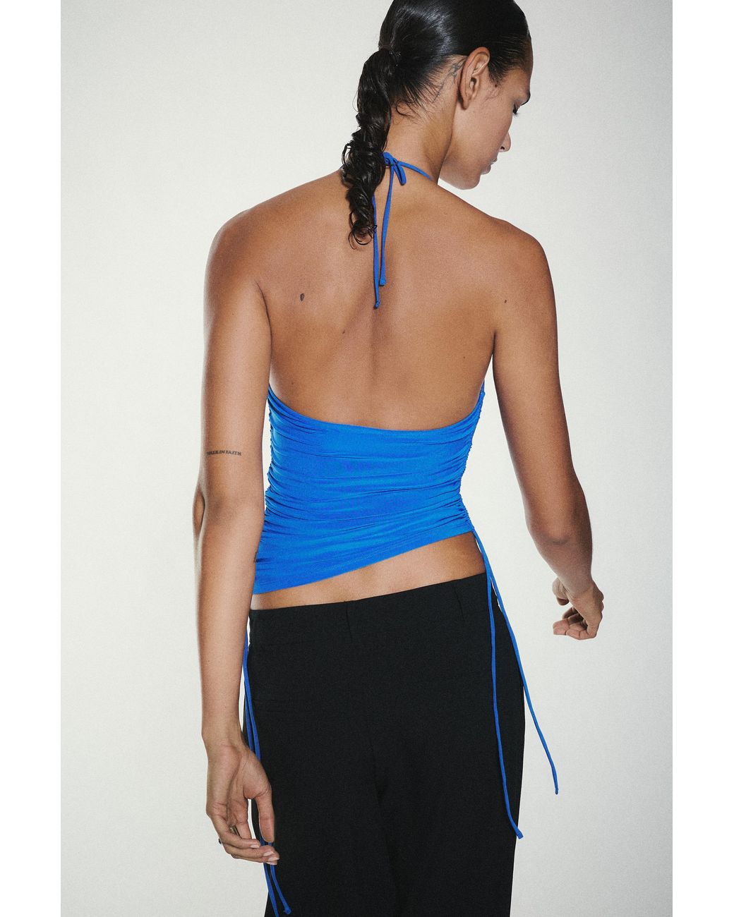 Pull&Bear Blue Asymmetric Halter Top With Gathered Detail