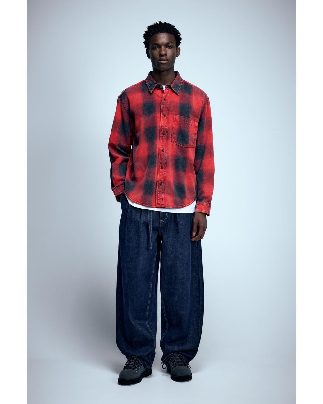 Pull&Bear Red Check Long Sleeve Overshirt for men