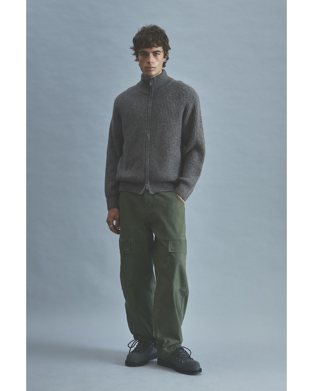 Pull&Bear Gray Ribbed Zip-Up Cardigan for men