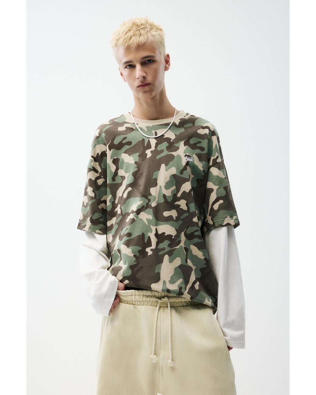 Pull&Bear Green Double-Sleeve T-Shirt for men