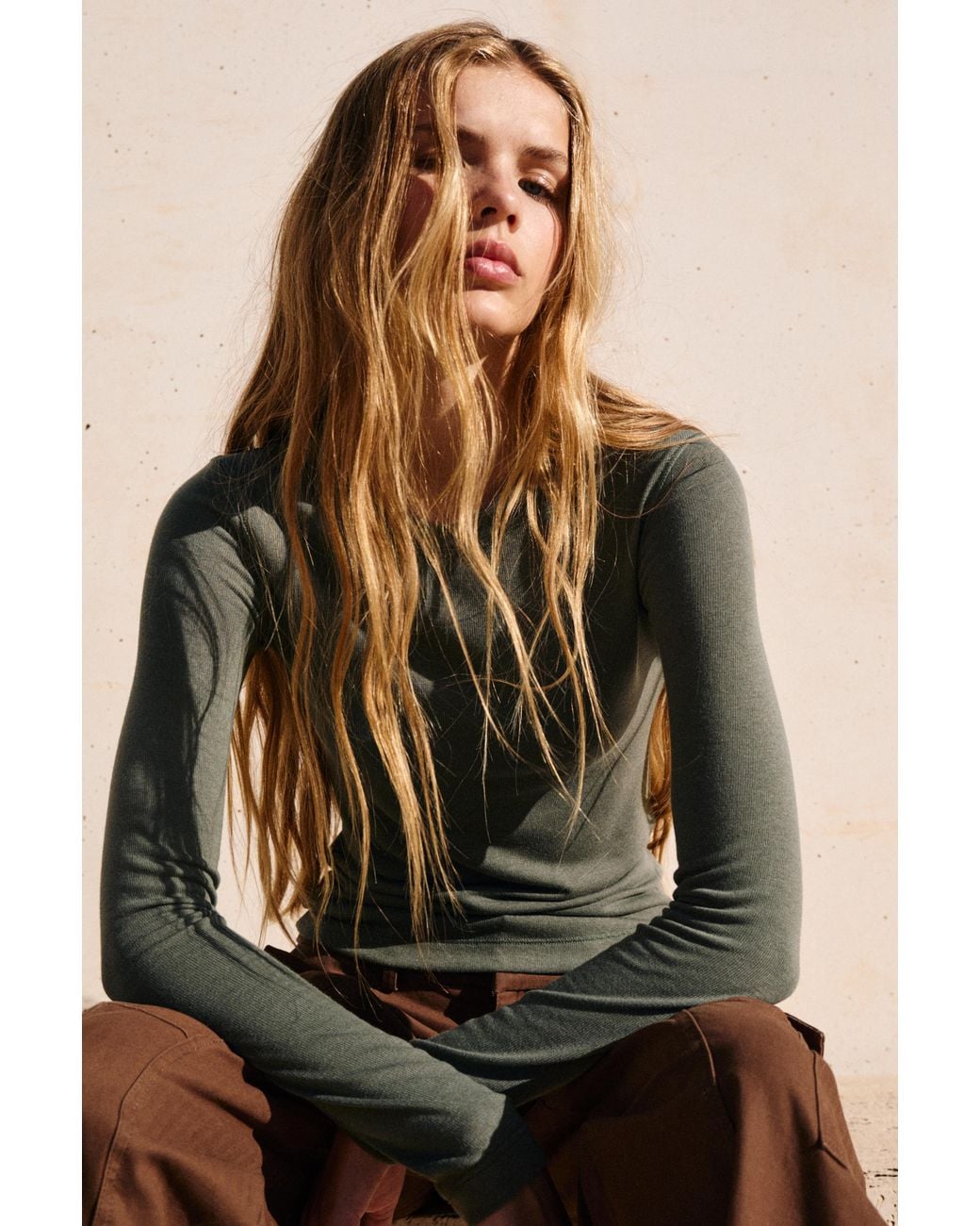 Pull&Bear Green Long Sleeve T-Shirt