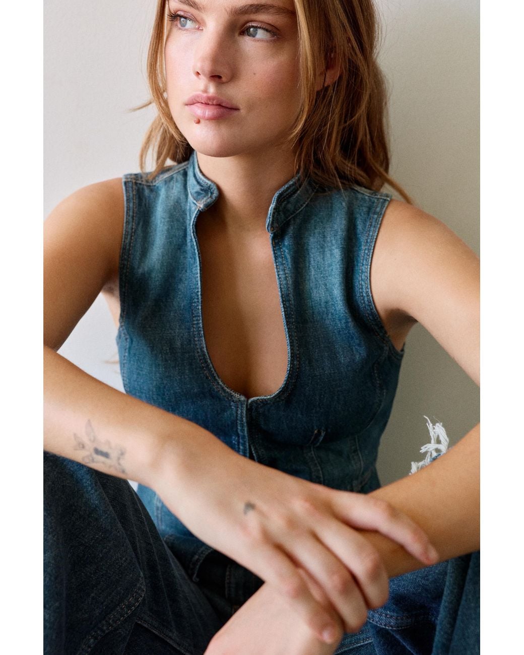 Pull&Bear Blue Seamed Denim Halter Top