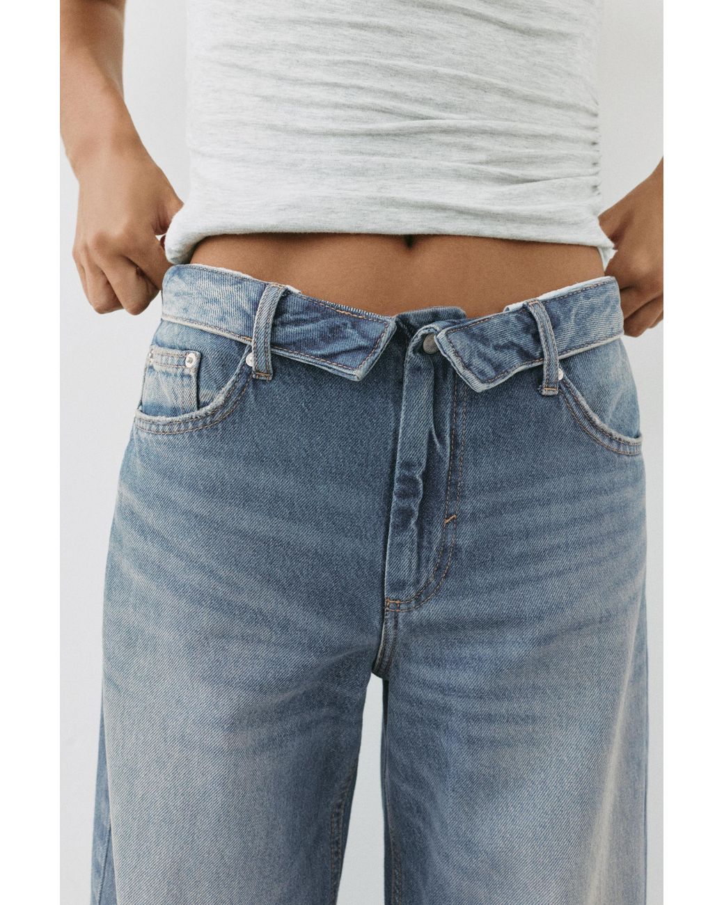 Pull&Bear Blue Balloon Relaxed Fit Jeans With Turned-Over Waistband